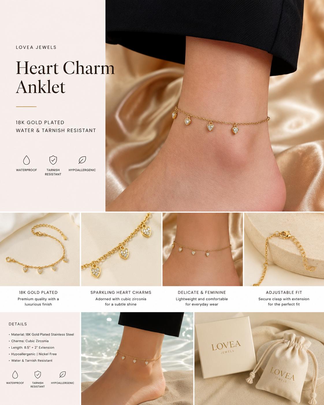Heart charm anklet