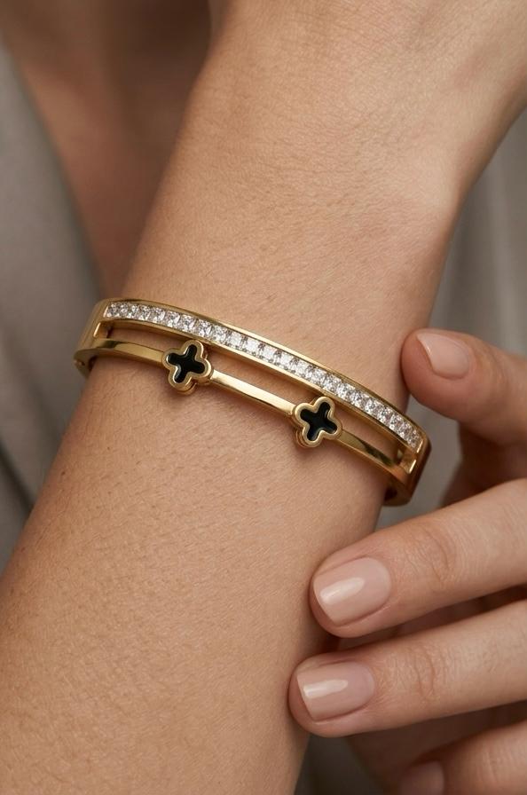 Iconic Enamel Clover & Crystal Double-Rail Bangle