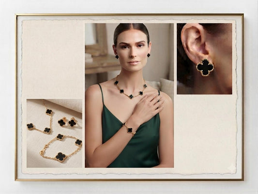 Elegant Clover-Motif 3-Piece Jewelry Set | Gold Finish with Black Onyx Inlay | Necklace, Bracelet & Stud Earrings