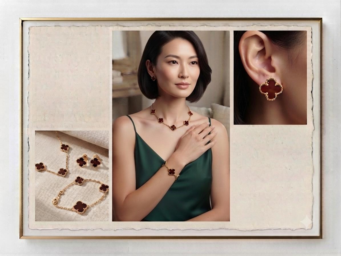 Elegant Clover-Motif 3-Piece Jewelry Set | Gold Finish with Red Onyx Inlay | Necklace, Bracelet & Stud Earrings