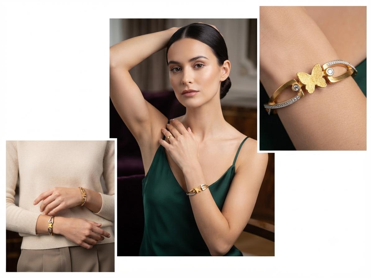 Ethereal Gold Butterfly & Crystal Accent Cuff Bracelet | Textured Finish Luxury Bangle