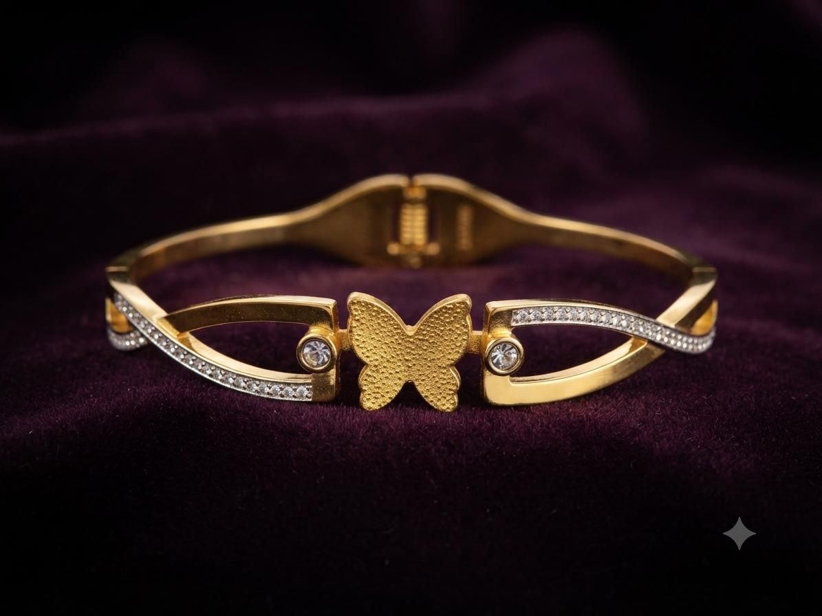 Ethereal Gold Butterfly & Crystal Accent Cuff Bracelet | Textured Finish Luxury Bangle