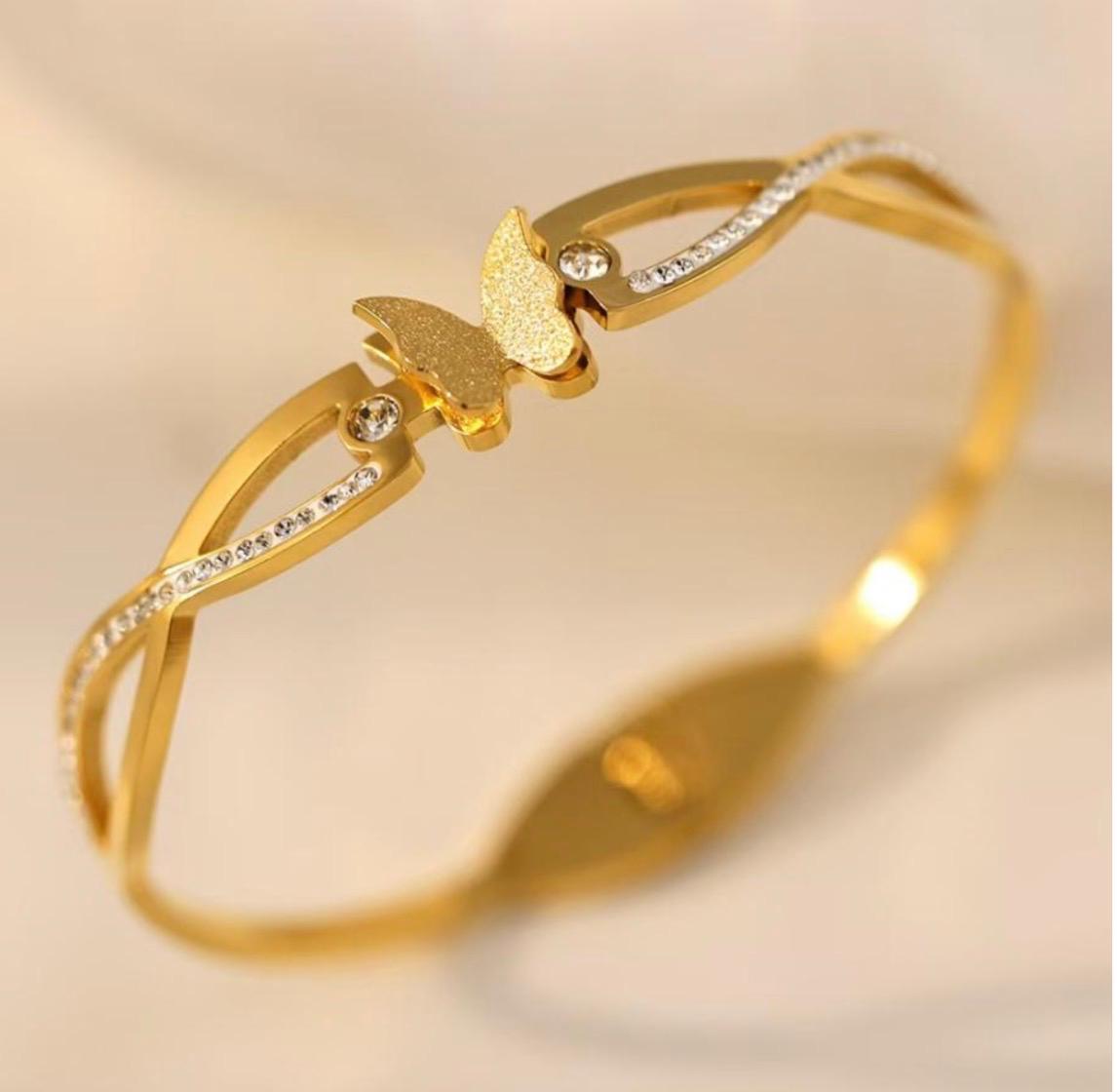 Ethereal Gold Butterfly & Crystal Accent Cuff Bracelet | Textured Finish Luxury Bangle