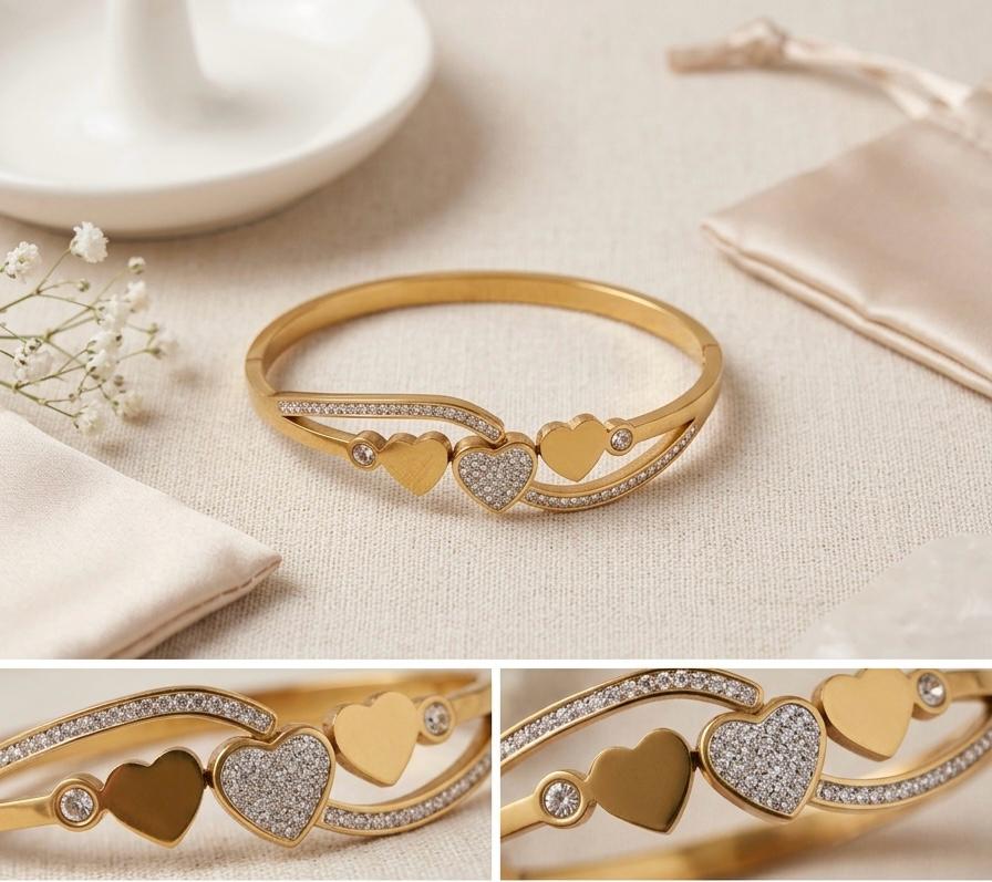 Triple Heart Crystal Bangle Bracelet