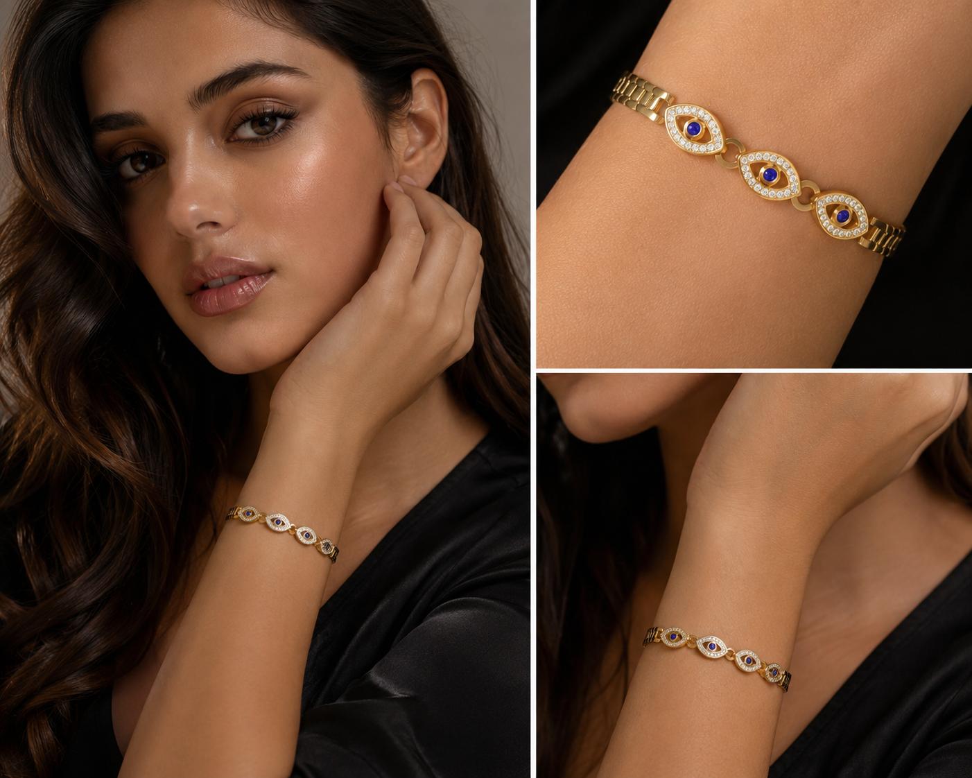 18K Gold Plated Triple Evil Eye Bracelet | Stainless Steel | Waterproof & Tarnish Resistant