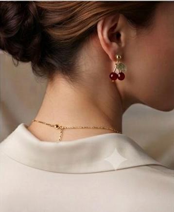 Cherry and Leaf Stud Earrings and Pendant (2- Piece set)