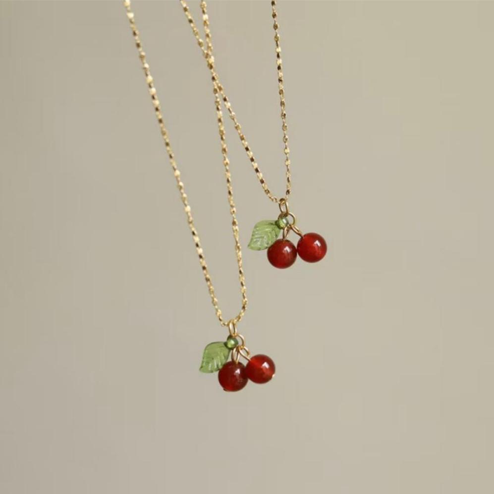 Cherry and Leaf Stud Earrings and Pendant (2- Piece set)