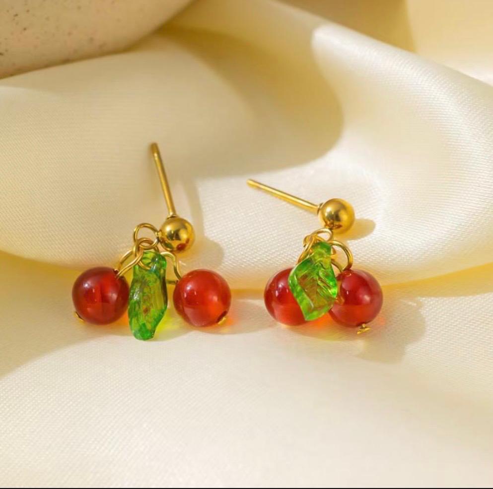 Cherry and Leaf Stud Earrings and Pendant (2- Piece set)