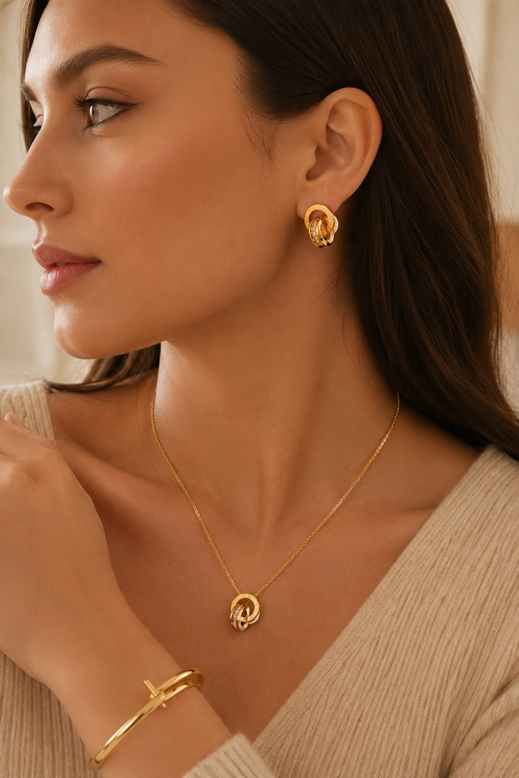 Celeste Roman Crystal Jewelry Set – 18K Gold Plated Stainless Steel Necklace & Stud Earrings