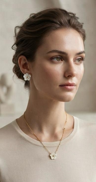 Mother of Pearl Blossom Pendant Necklace & Matching Stud Earrings Set – Gold