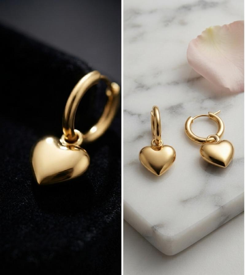 Puffed Heart Dangle Hoop Earrings