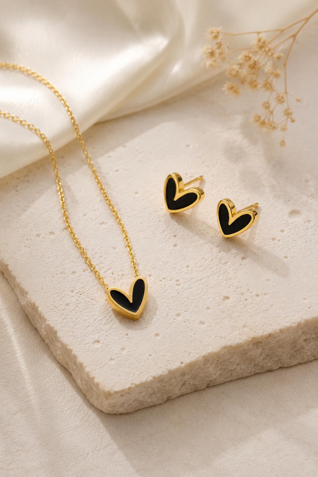 Gold-Plated Black Enamel Heart Necklace and Stud Earrings Set I Dainty Minimalist Jewelry Set