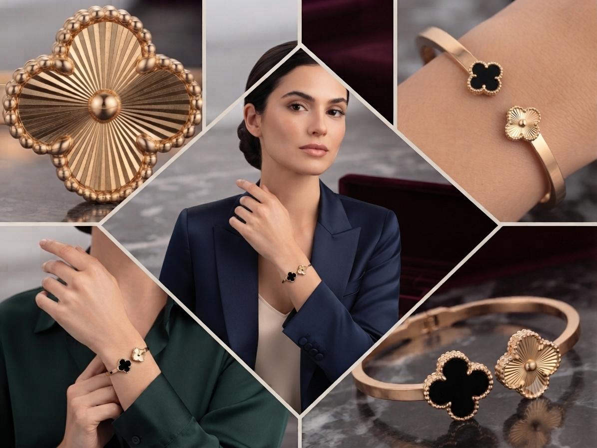 Dual Clover Motif Bangle Bracelet